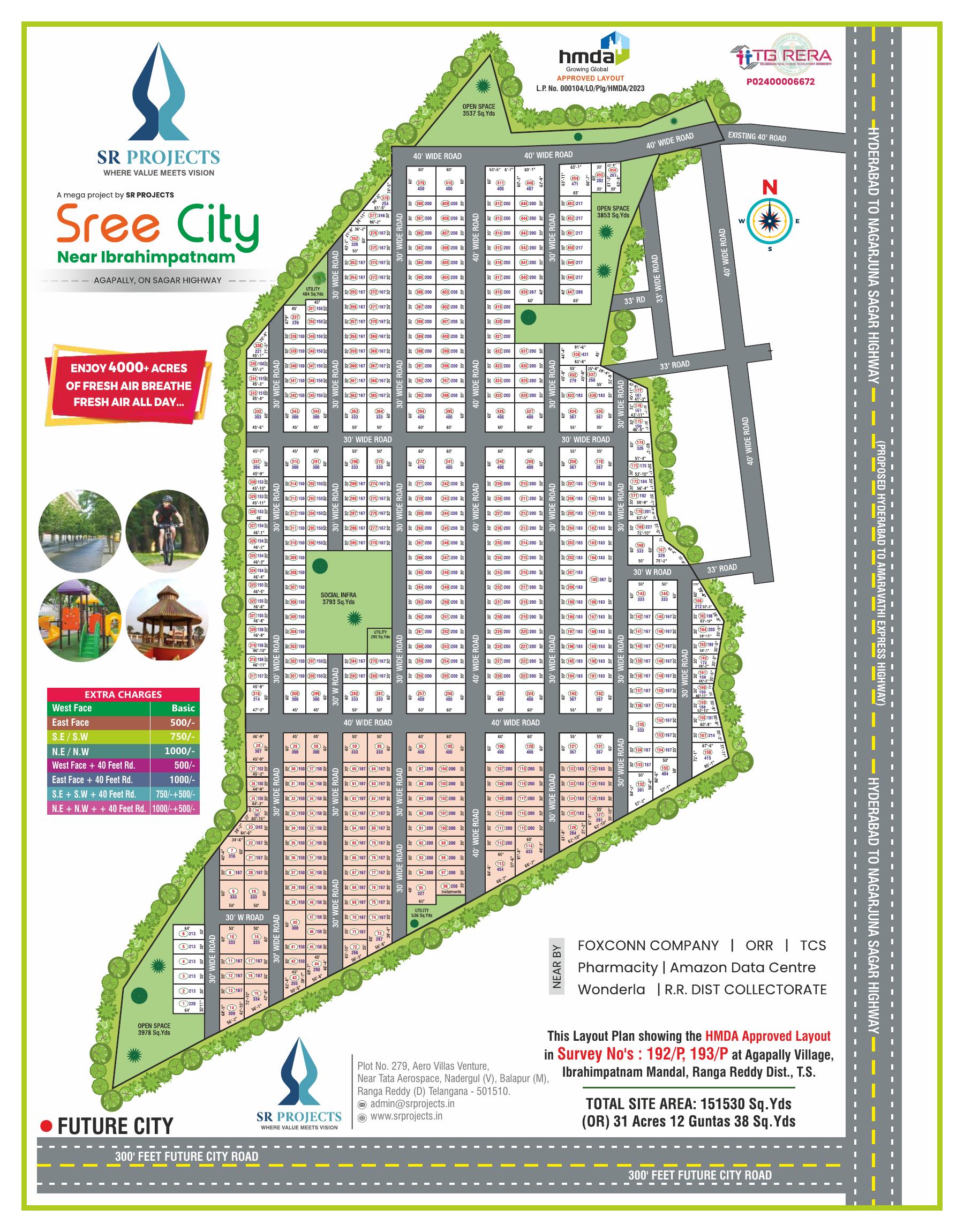 Sree City Agapally HMDA approved layout plan with plot demarcation, 300 feet Future City road and extra charges table