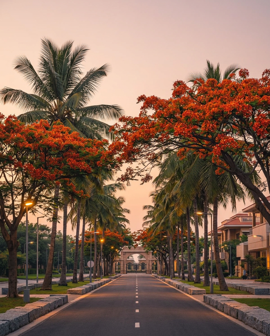 Tree-lined avenue at dusk