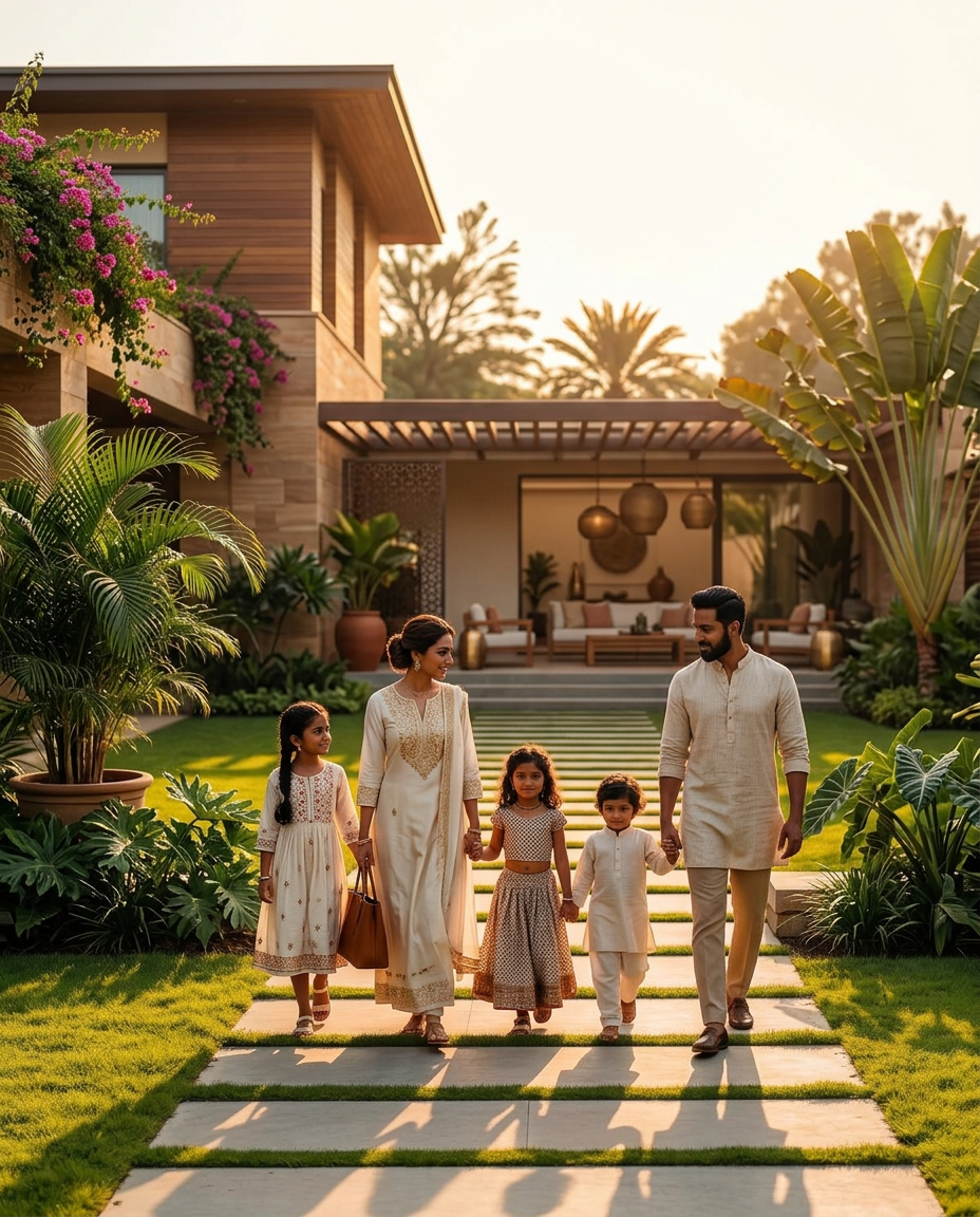 Family in villa garden